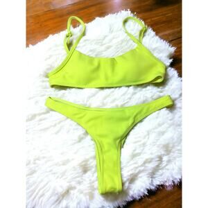 Neon Yellow Ribbed High Cut Cheeky Thong Bikini LARGE